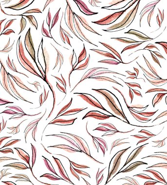 Exotic hand painted watercolor leaves with black outline isolated on white. Watercolor floral pattern, ornament, elements for textile, wrapping paper, website or polygraphy design.
