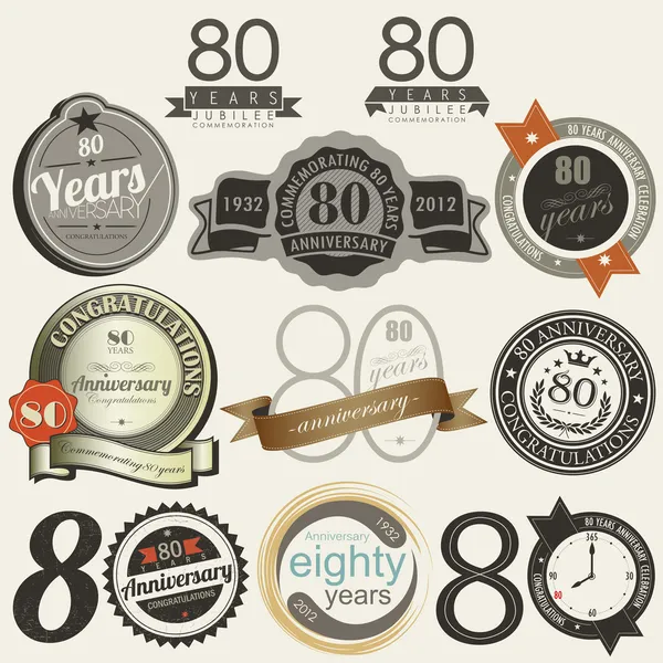 80 anni collezione di cartelli e carte anniversario — Vettoriale Stock
