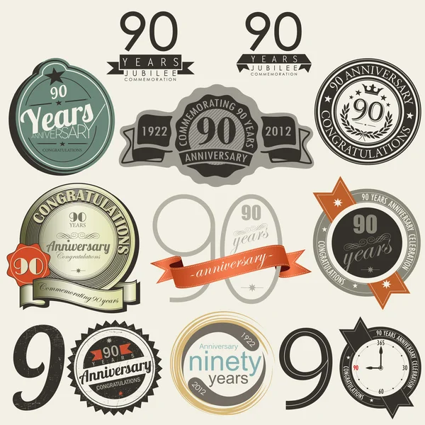90 anni collezione di cartelli e carte anniversario — Vettoriale Stock