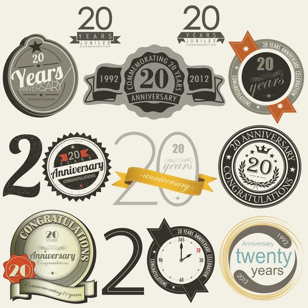 20 ans signes et cartes d'anniversaire — Image vectorielle