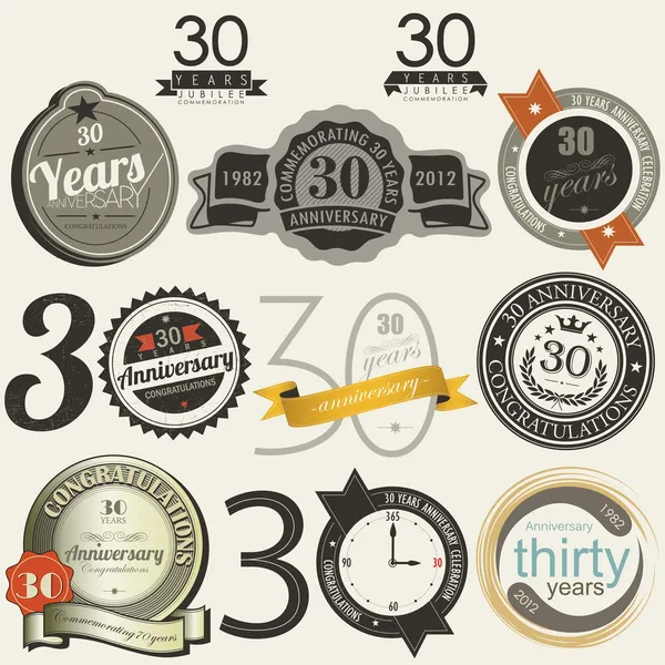 30 ans signes et cartes d'anniversaire — Image vectorielle