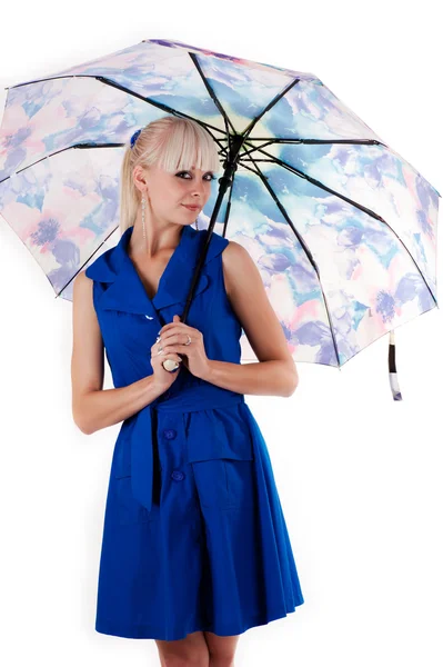 Mujer de pie con paraguas abierto — Foto de Stock