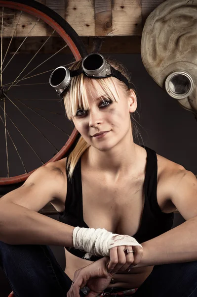 Woman in gas welding goggles — Stock Photo, Image