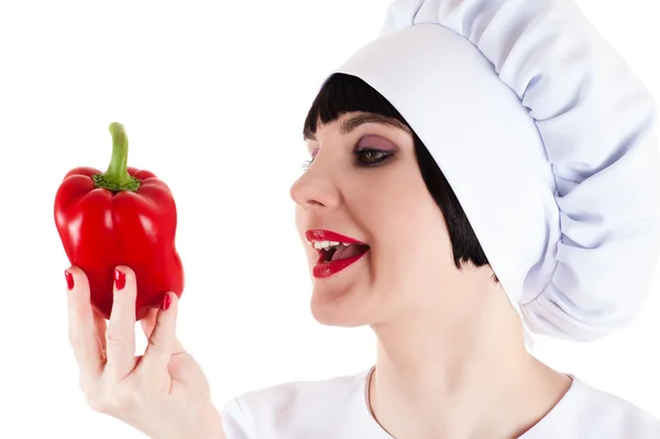 Chef-kok blij met rode peper — Stockfoto