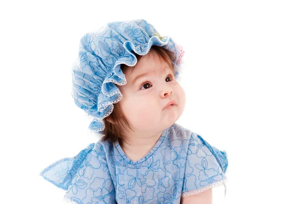 Beautiful baby girl in a blue dress — Stock Photo, Image