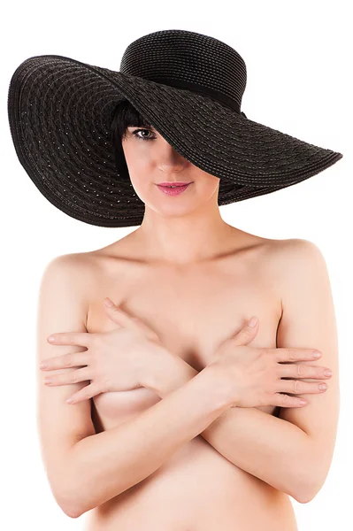 Naked woman in black hat — Stock Photo, Image