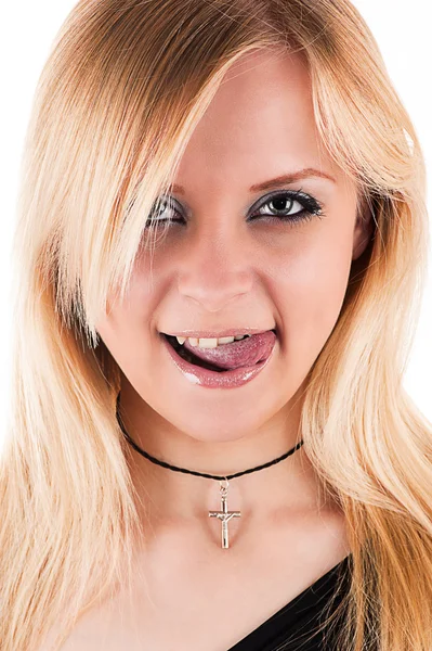 Verleidelijke blonde vrouw likken lippen — Stockfoto