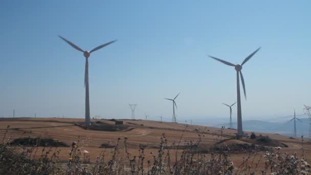 Panorámica de un campo de turbinas eólicas — Vídeos de Stock