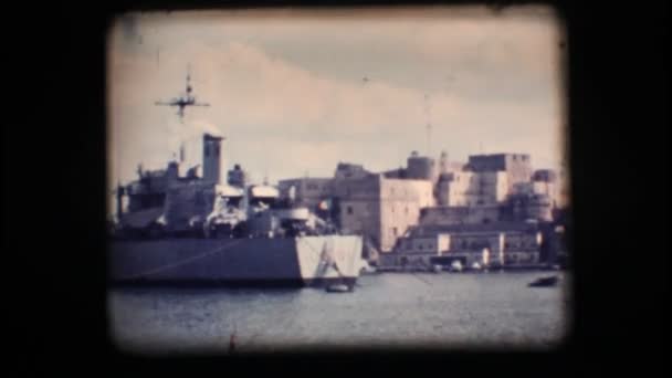 Vintage 8mm. Docked war ship — Stock Video