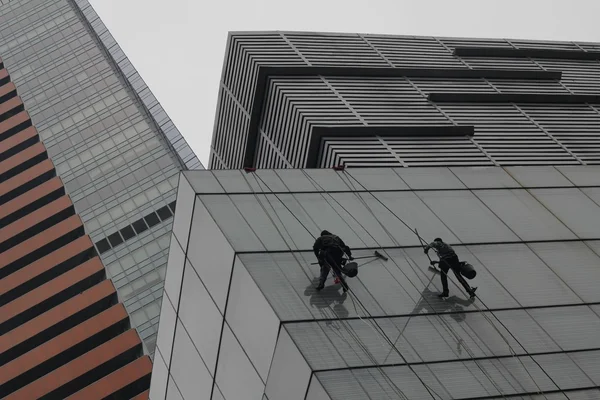 Homens limpando janelas arranha-céus — Fotografia de Stock