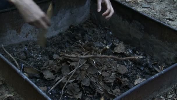Женщина добавляет разжигание в яму — стоковое видео