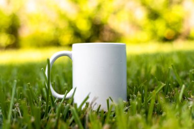 Yeşil çimen arka planında izole edilmiş, fotokopi alanı olan beyaz porselen bardak. Tasarım için hazırlan.