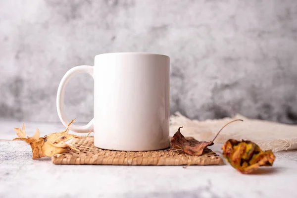 Coffee mug mockup, boho or kitchen themed mug mock up, neutral tones. Concept branding mock up for logo or design.