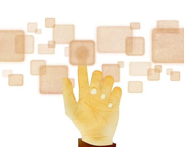 Paper texture ,Hand gesture pushing button on touch screen on wh — Stock Photo, Image