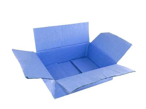 Boîte en carton bleu vide isolée sur le fond blanc — Photo