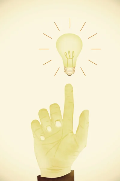 Old Paper texture ,Hand gesture direction bulb idea — Stock Photo, Image