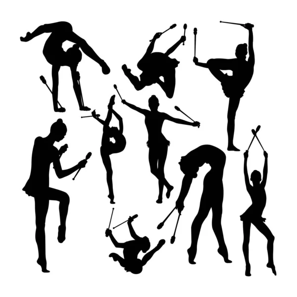 Silhouettes Gymnastique Rythmique Produit Avec Les Clubs Bon Usage Pour — Image vectorielle