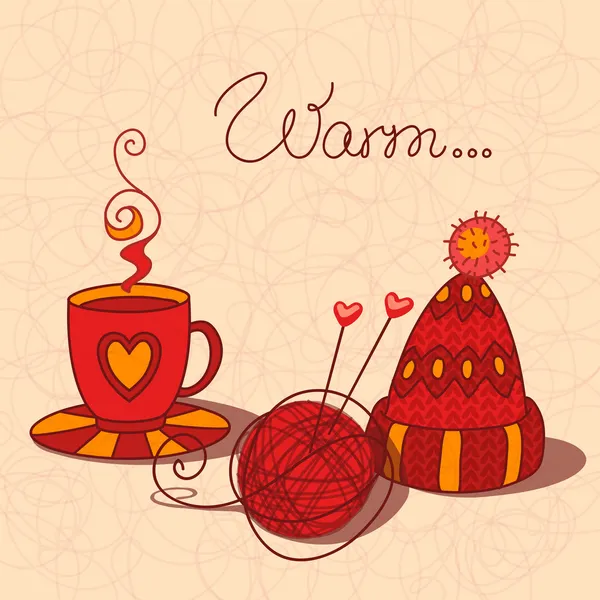 bir fincan sıcak çay, yün ve örme kap