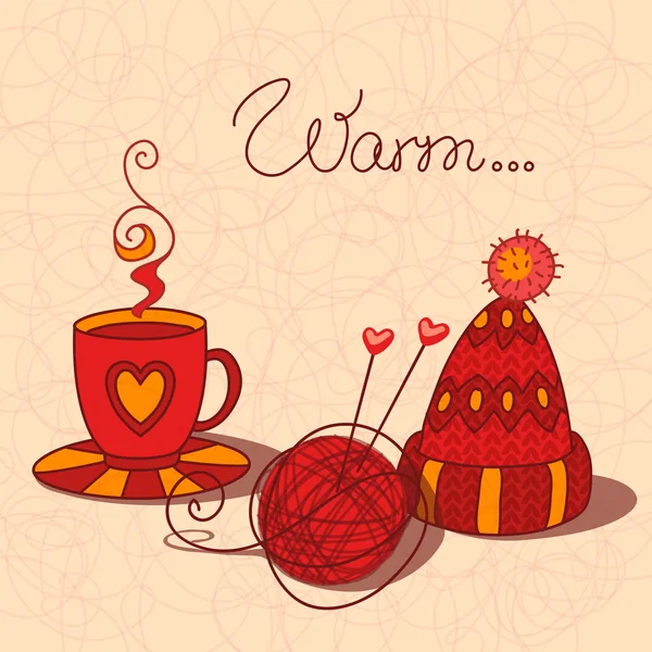 A cup of warm tea, wool and knitted cap — Stock Illustration A cup of warm tea, wool and knitted cap Royalty Free Stock Illustrations