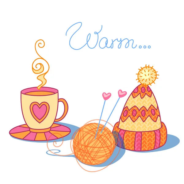 A cup of warm tea, wool and knitted cap — Stock Vector