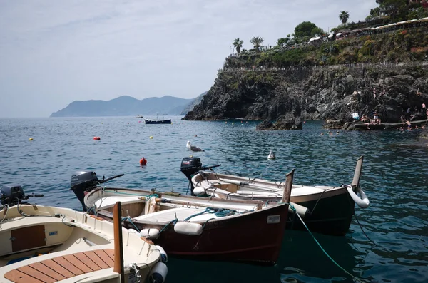 Manarola Ligurie Itálie Květen 2022 Malé Motorové Čluny Kotvící Zátoce — Stock fotografie