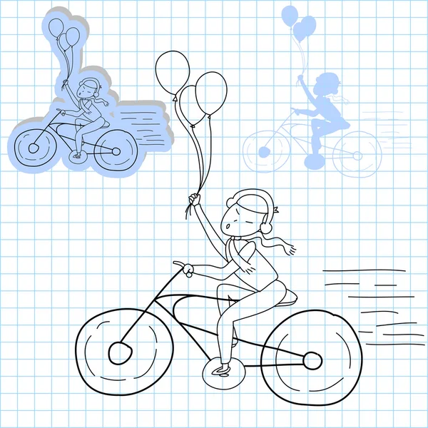 Fille avec des ballons et vélo — Image vectorielle