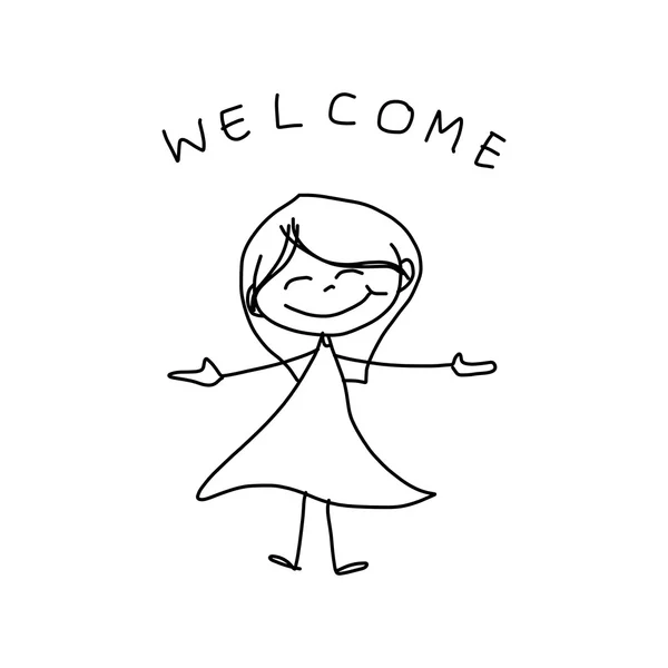 Dibujo a mano de dibujos animados de chica feliz en vestido con signo de bienvenida — Vector de stock