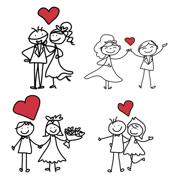 Handzeichnung Karikatur des glücklichen Hochzeitspaares Set — Stockvektor