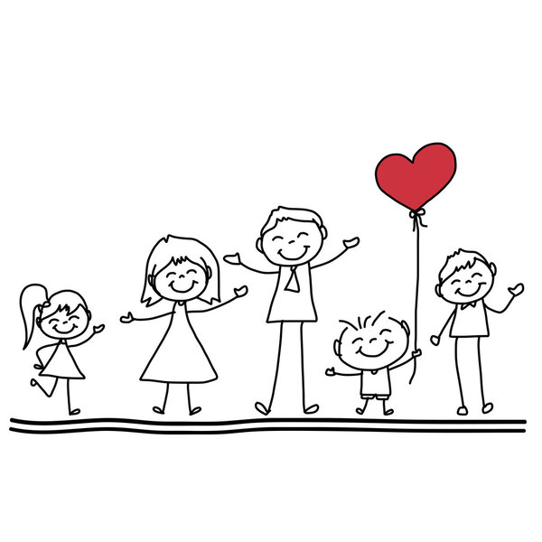 Hand drawing cartoon of  happy family with red heart