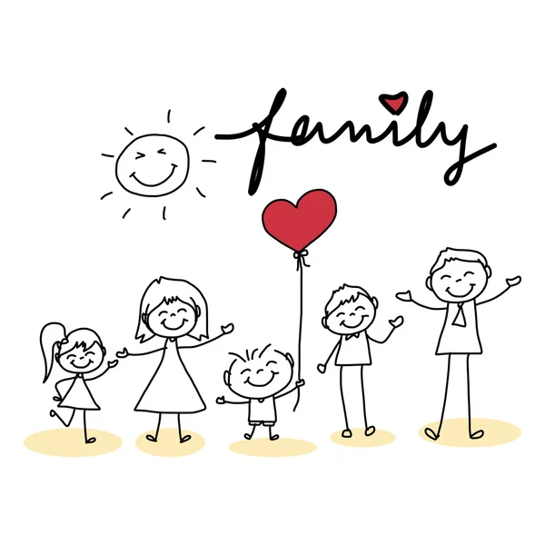 Dibujo a mano de dibujos animados de familia feliz con corazón rojo — Vector de stock