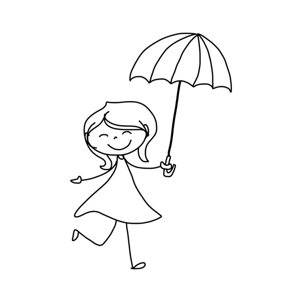 Desenho à mão desenhos animados de uma menina com guarda-chuva —  Vetores de Stock