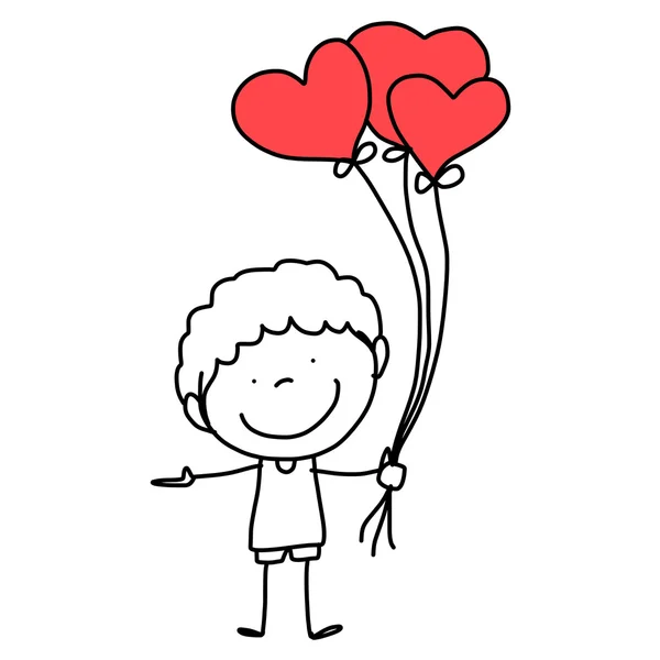 Dessin animé garçon heureux dessiné à la main avec des ballons coeur rouge — Image vectorielle