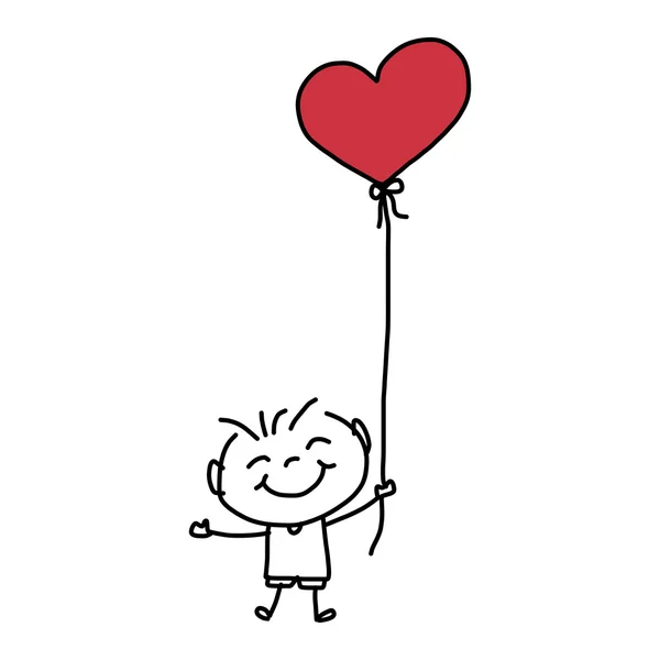 Рука малює мультфільм хлопчика з червоним м'ячем у формі серця — стоковий вектор