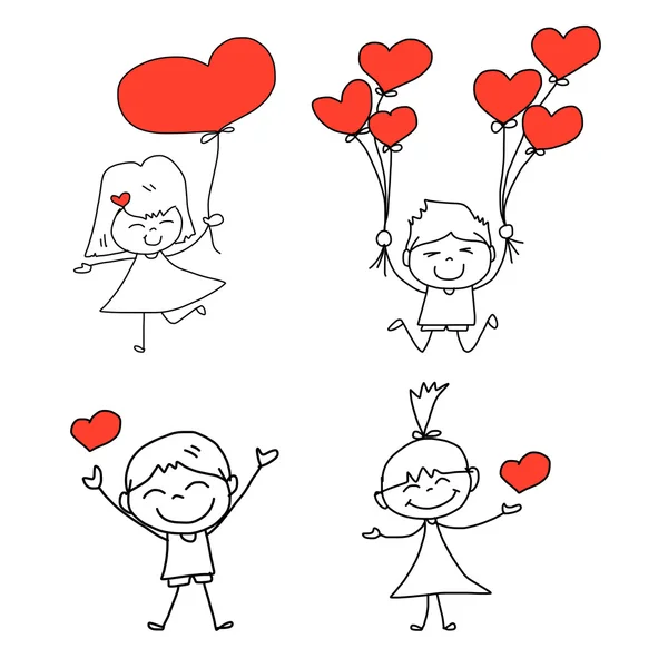 Desenhos animados conjunto desenhado à mão de crianças felizes e personagens de amor — Vetor de Stock