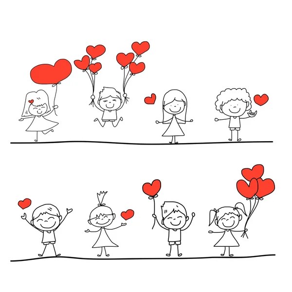 Dibujos animados dibujado a mano conjunto de niños felices y personajes de amor — Vector de stock