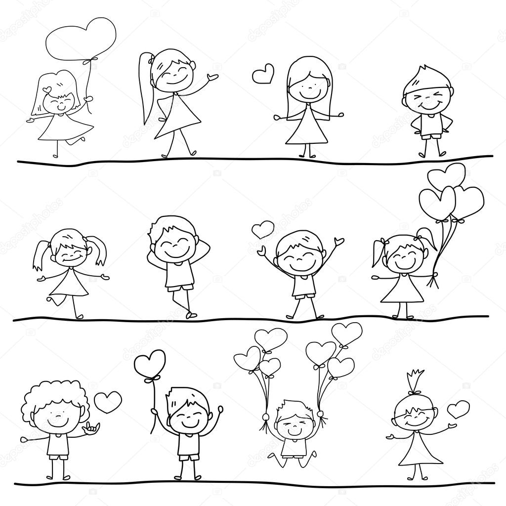 Cartoni animati disegnati a mano set di bambini felici e amare i personaggi — Vettoriale Stock