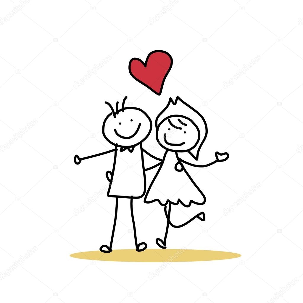 Hand drawing  cartoon of happy  wedding couple   Stock 