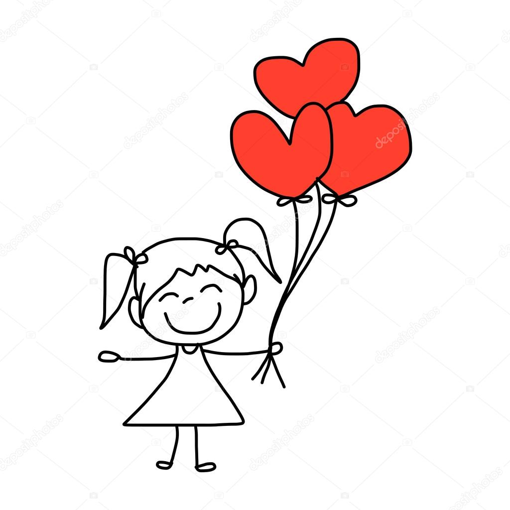 Cartoon hand-drawn girl with red heart balloons