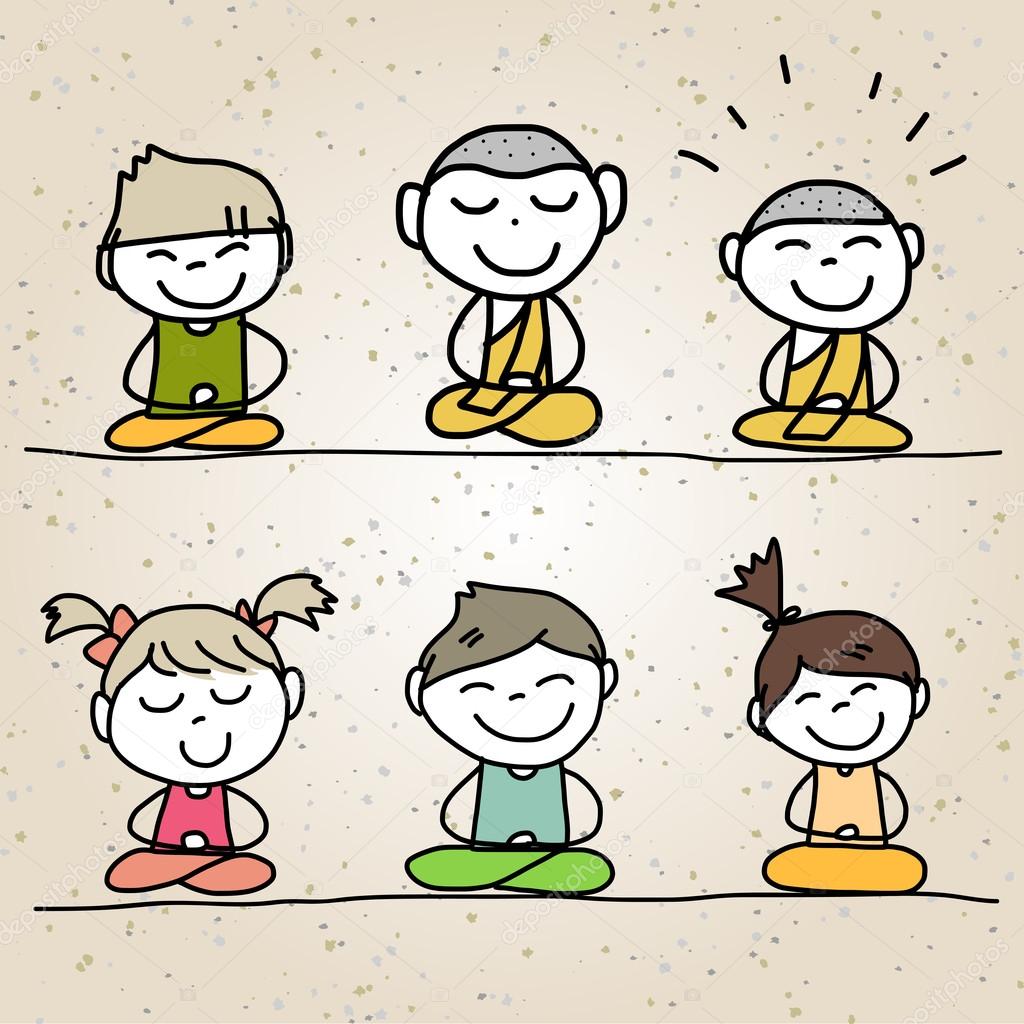 Hand drawing cartoon of happy meditation kids