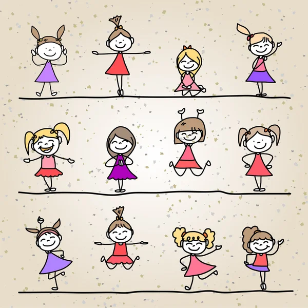 Mano disegno cartone animato personaggio bambini felici — Vettoriale Stock
