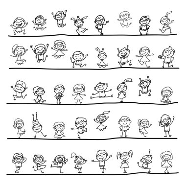 El çizimi çizgi film karakteri mutlu çocuklar