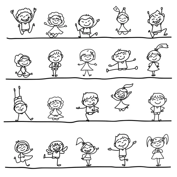 Dibujo a mano personaje de dibujos animados niños felices — Vector de stock