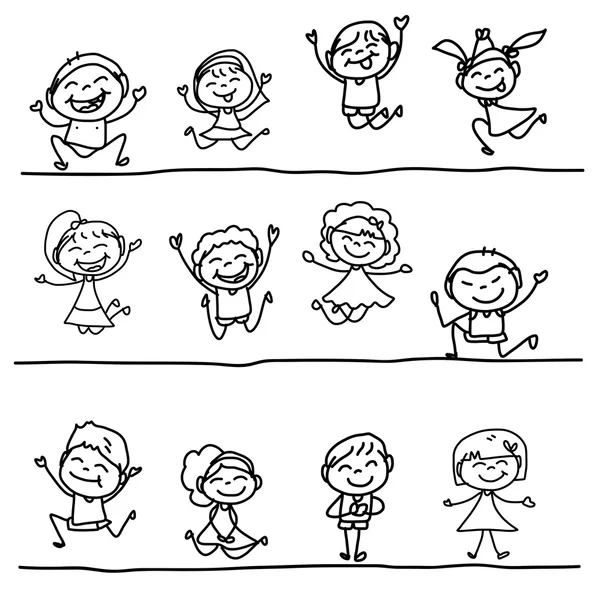 Dibujo a mano personaje de dibujos animados niños felices — Vector de stock