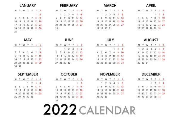 Kalenderplaner Für 2022 Woche Beginnt Montag Einfache Vektorvorlage Eps — Stockvektor