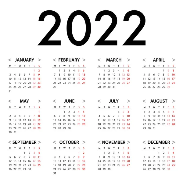 Planificador Calendario Para 2022 Semana Comienza Lunes Plantilla Vector Simple — Vector de stock