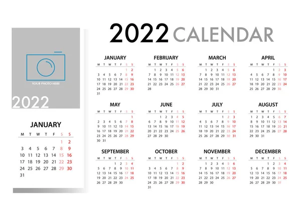 Kalenderplaner Für 2022 Woche Beginnt Montag Einfache Vektorvorlage — Stockvektor