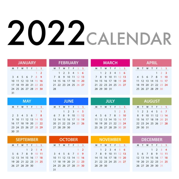 Planificador Calendario Para 2022 Semana Comienza Lunes Plantilla Vector Simple — Vector de stock