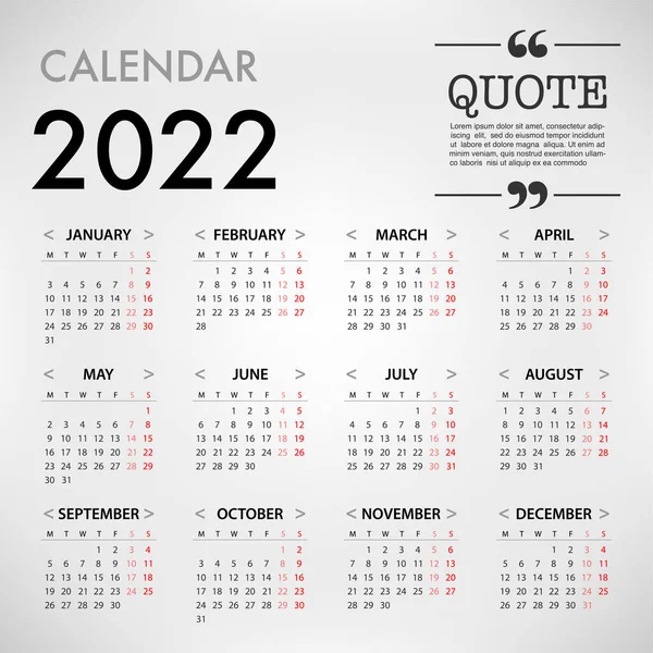 Planificador Calendario Para 2022 Semana Comienza Lunes Plantilla Vector Simple — Vector de stock