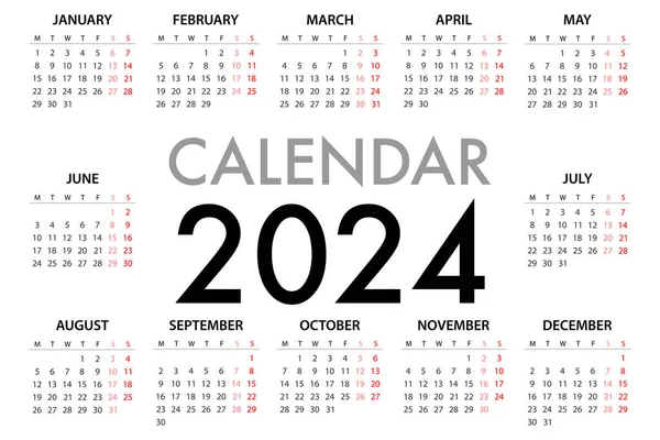 Планировщик Календаря 2024 Неделю Начинается Понедельник Простой Векторный Шаблон Eps Стоковая Иллюстрация