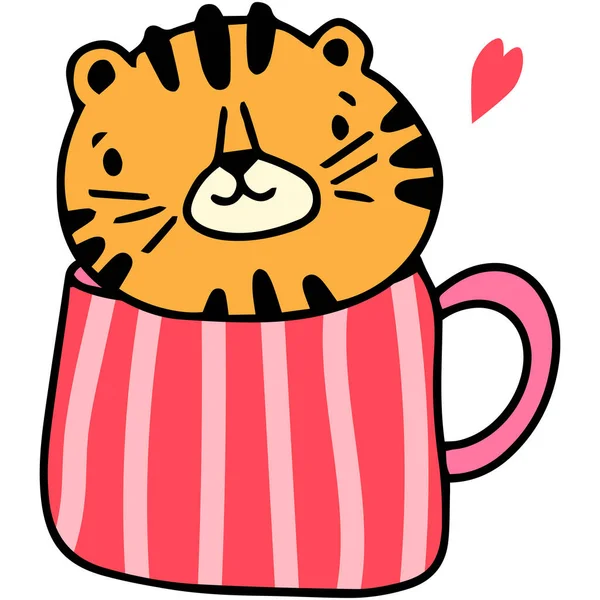 Mano Dibujado Tigre Lindo Taza Lujo Ilustración — Vector de stock